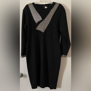 Carolyne Barton Vintage Women’s Size Large Black 100% Wool Silver Beaded Dress